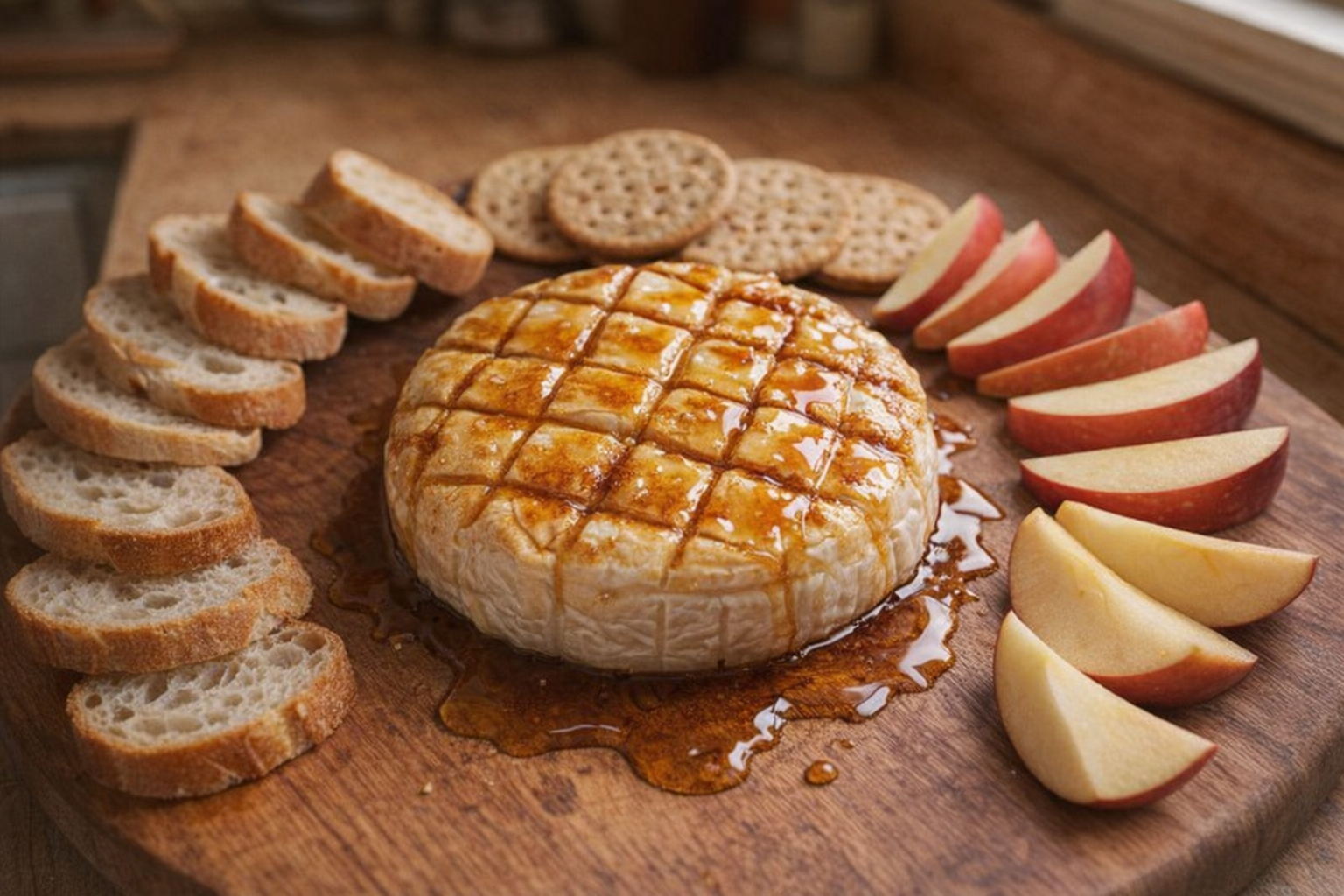 An overhead shot of baked brie on a wooden board, with visible scoring and maple syrup glistening on top, surrounded by baguette slices, crackers, and apple wedges, warm, inviting light